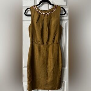 Boden Limited Edition Olive Neutral Silk Sequin Neckline Sheath Dress Size 6